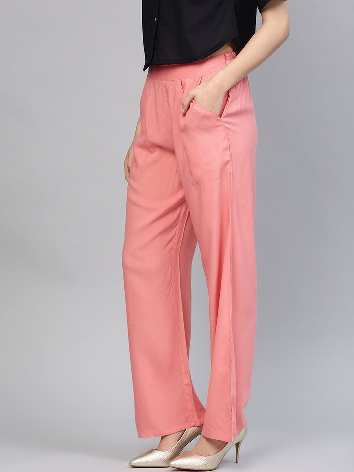 Pink Rayon Formal Palazzo Pants with Pockets
