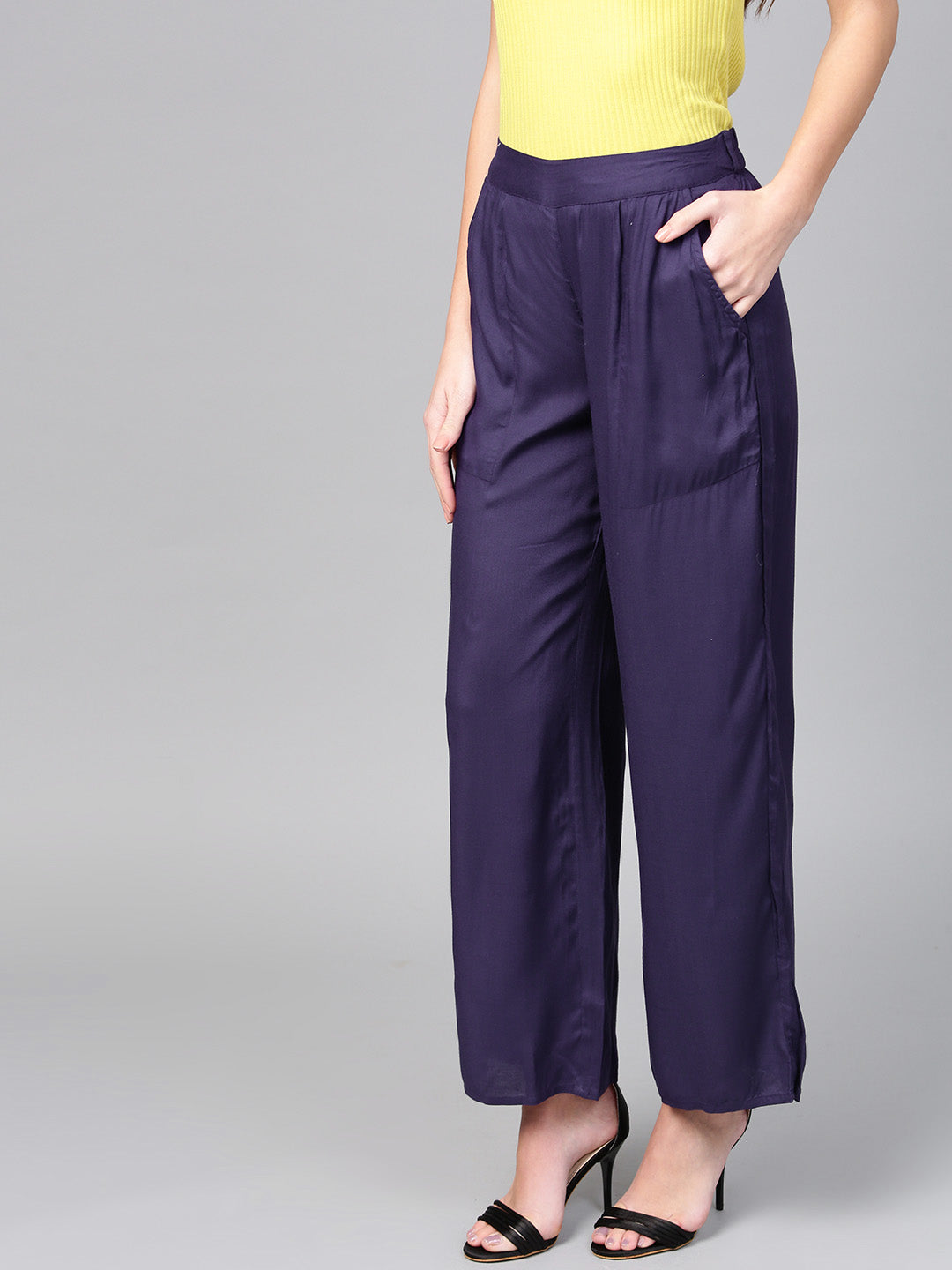 Purple Rayon Formal Palazzo Pants with Pockets