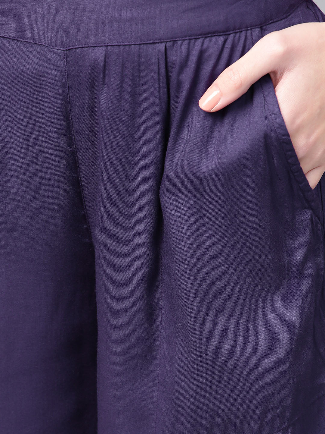 Purple Rayon Formal Palazzo Pants with Pockets
