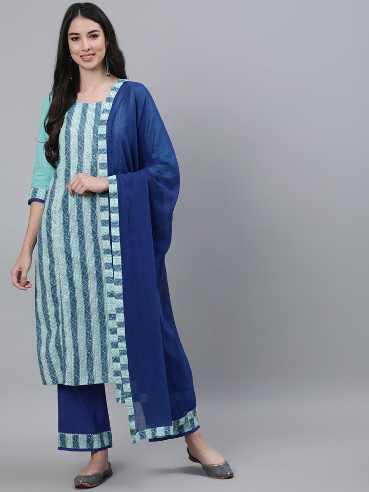 Dark Blue Cotton Printed Palazzo Suit Set