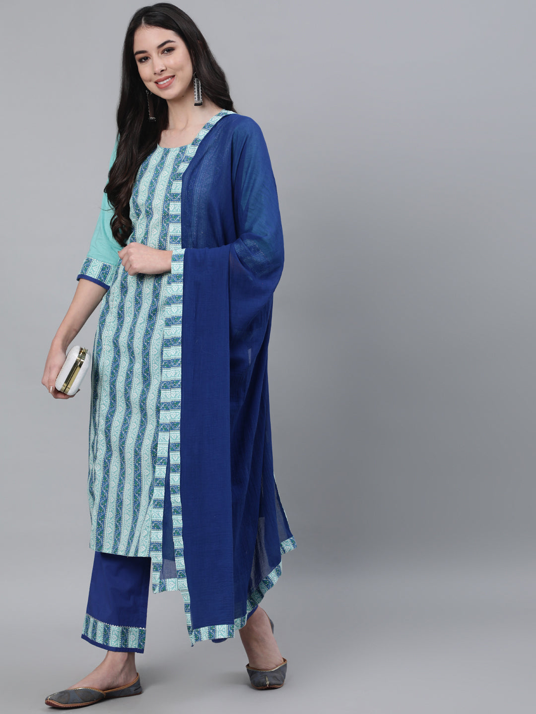 Dark Blue Cotton Printed Palazzo Suit Set