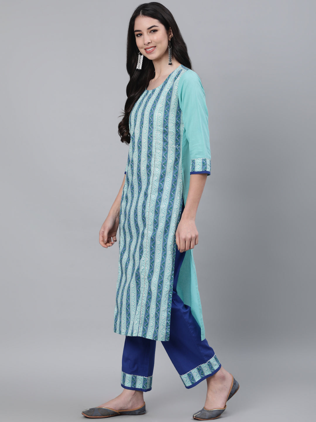 Dark Blue Cotton Printed Palazzo Suit Set