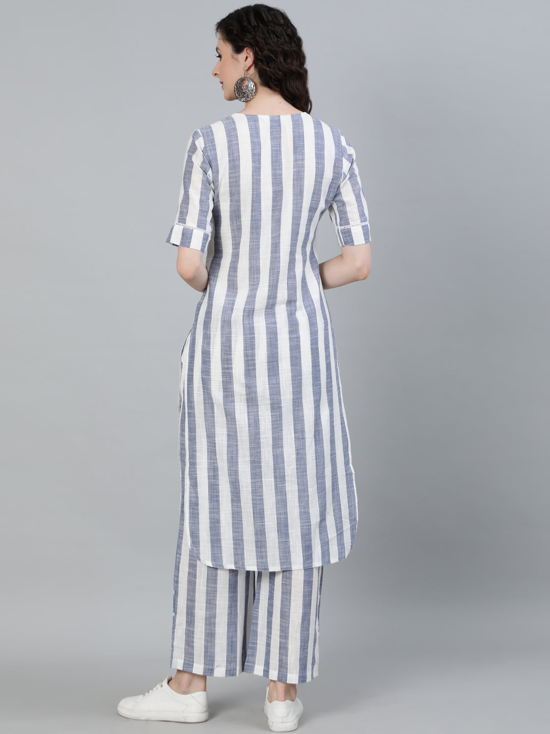 White & Blue Yarn Dyed Stripe Kurta & Palazzo