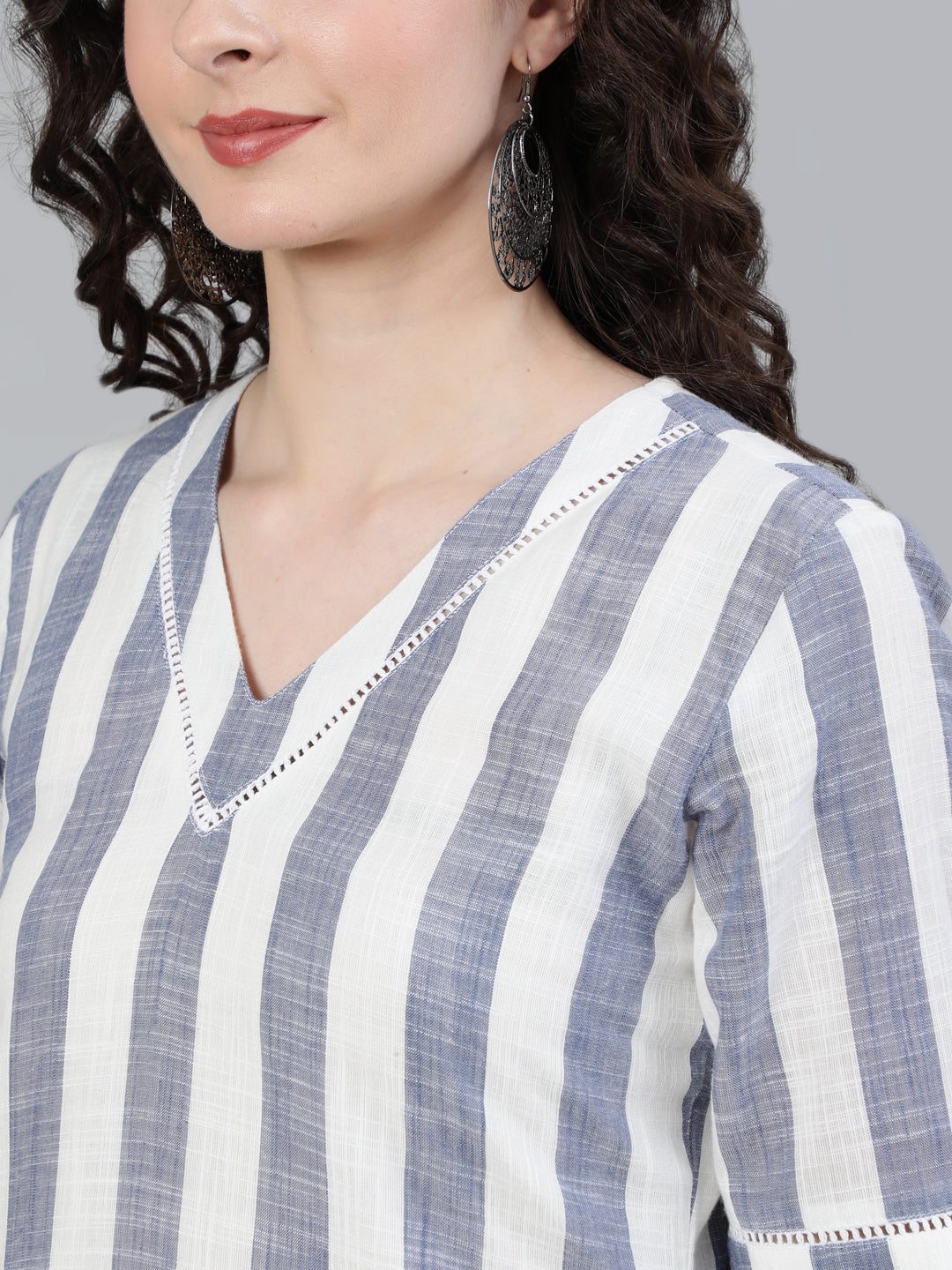 White & Blue Yarn Dyed Stripe Kurta & Palazzo