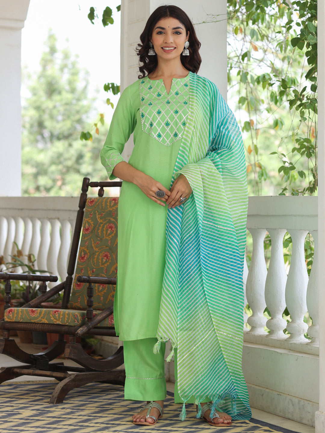 Lime-Green-Rayon-Kurta-With-Palazzo-&-Dupatta