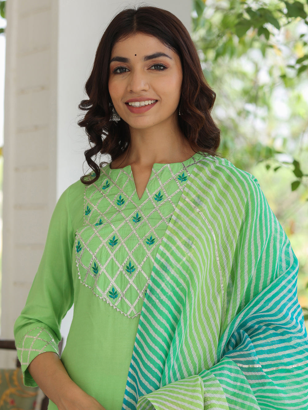 Lime-Green-Rayon-Kurta-With-Palazzo-&-Dupatta