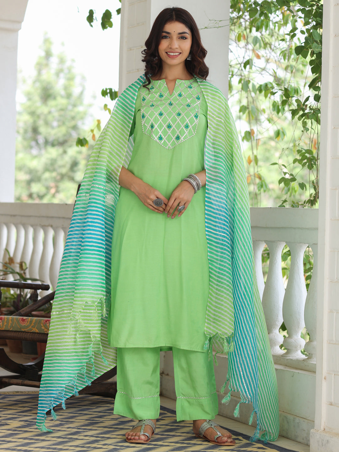 Lime-Green-Rayon-Kurta-With-Palazzo-&-Dupatta