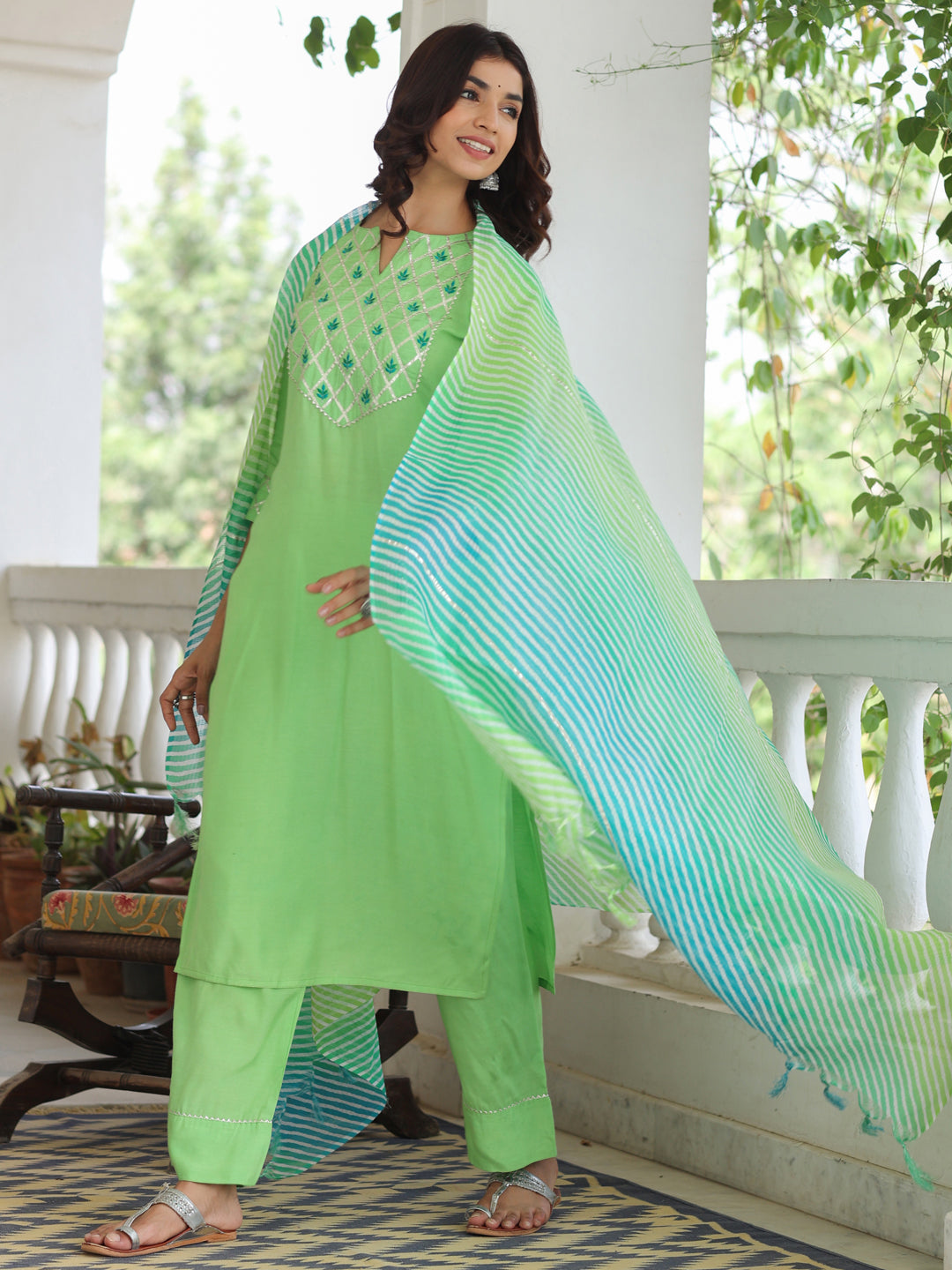 Lime-Green-Rayon-Kurta-With-Palazzo-&-Dupatta