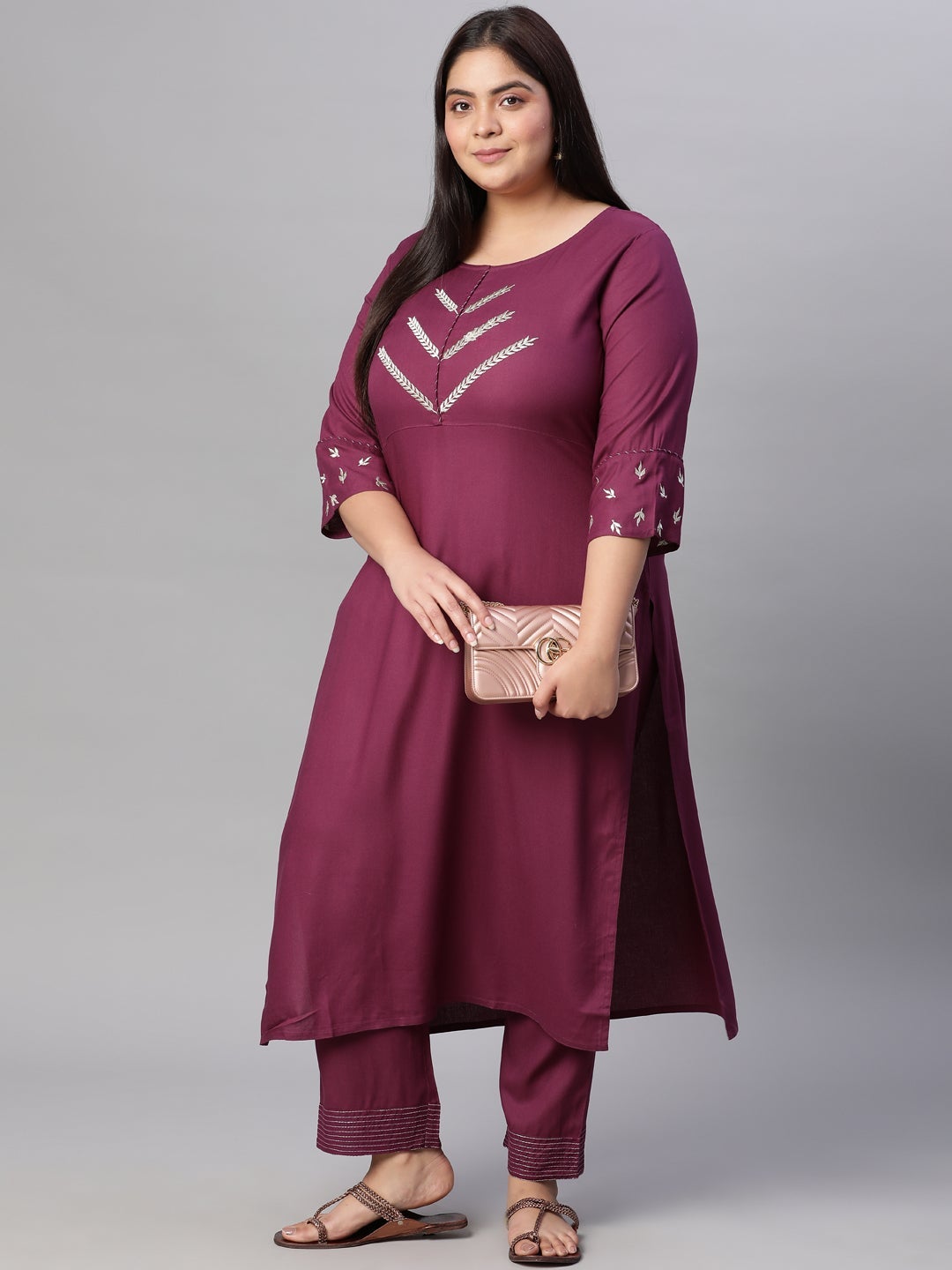 Wine Zari Embroidery Straight Kurta & Palazzos