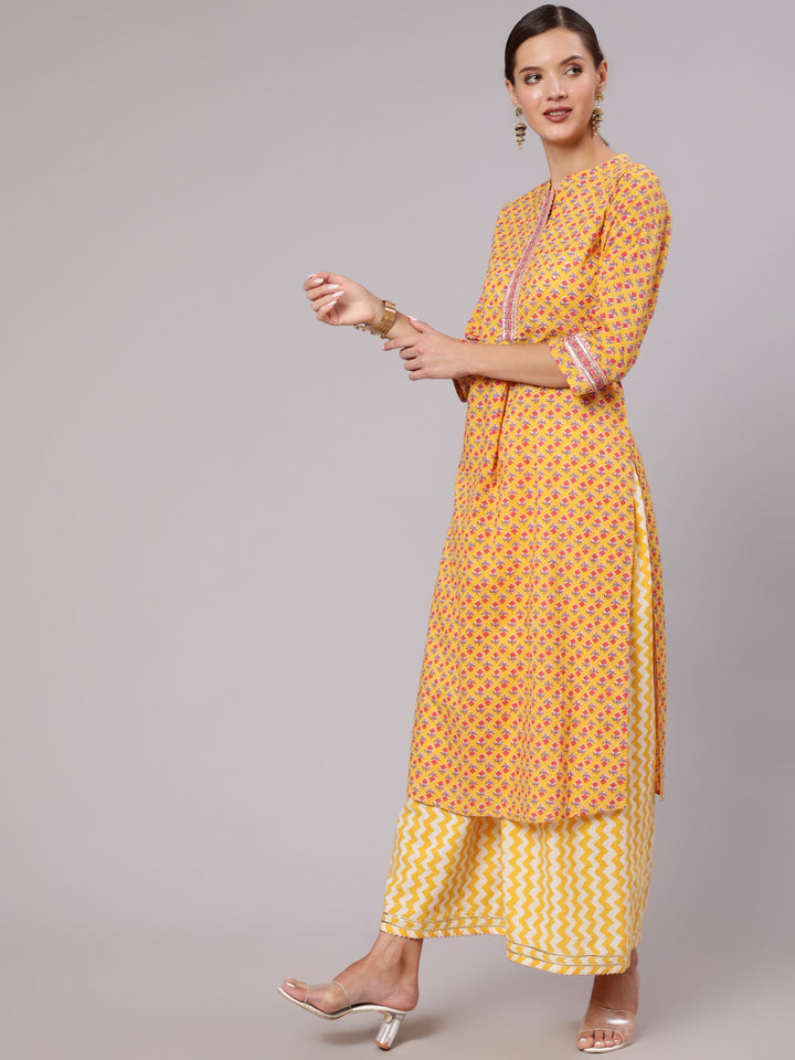 Yellow Cotton Casual Kurta Set with Dupatta