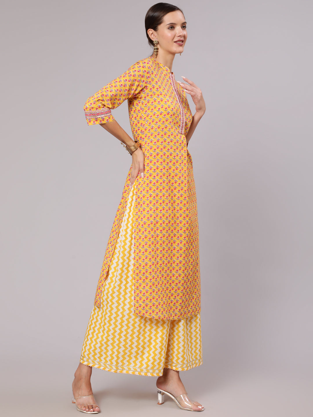 Yellow Cotton Casual Kurta Set with Dupatta