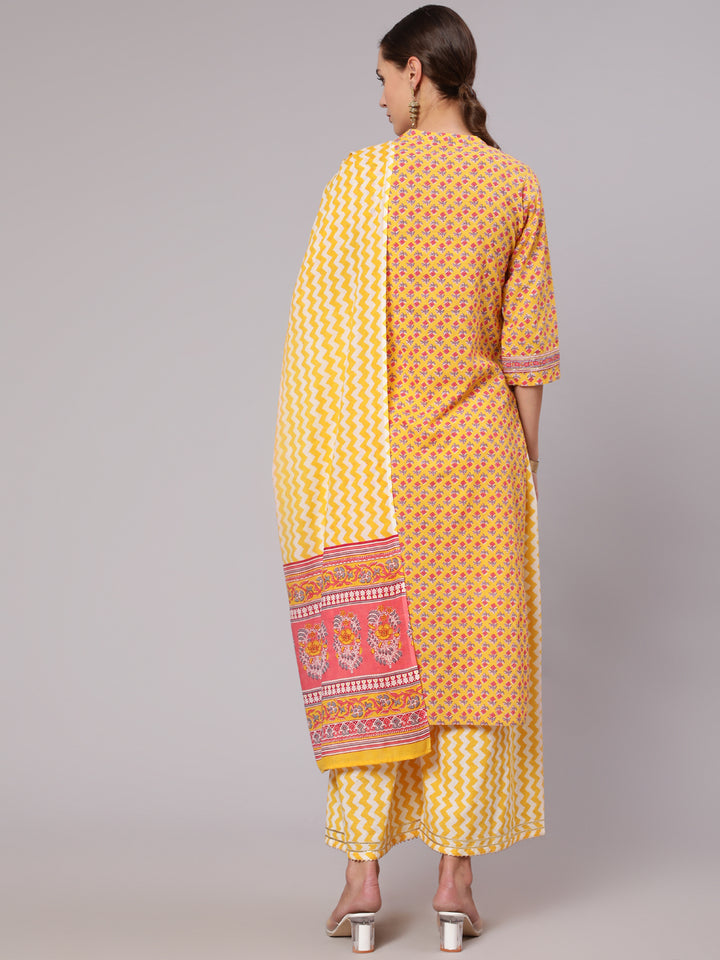 Yellow Cotton Casual Kurta Set with Dupatta