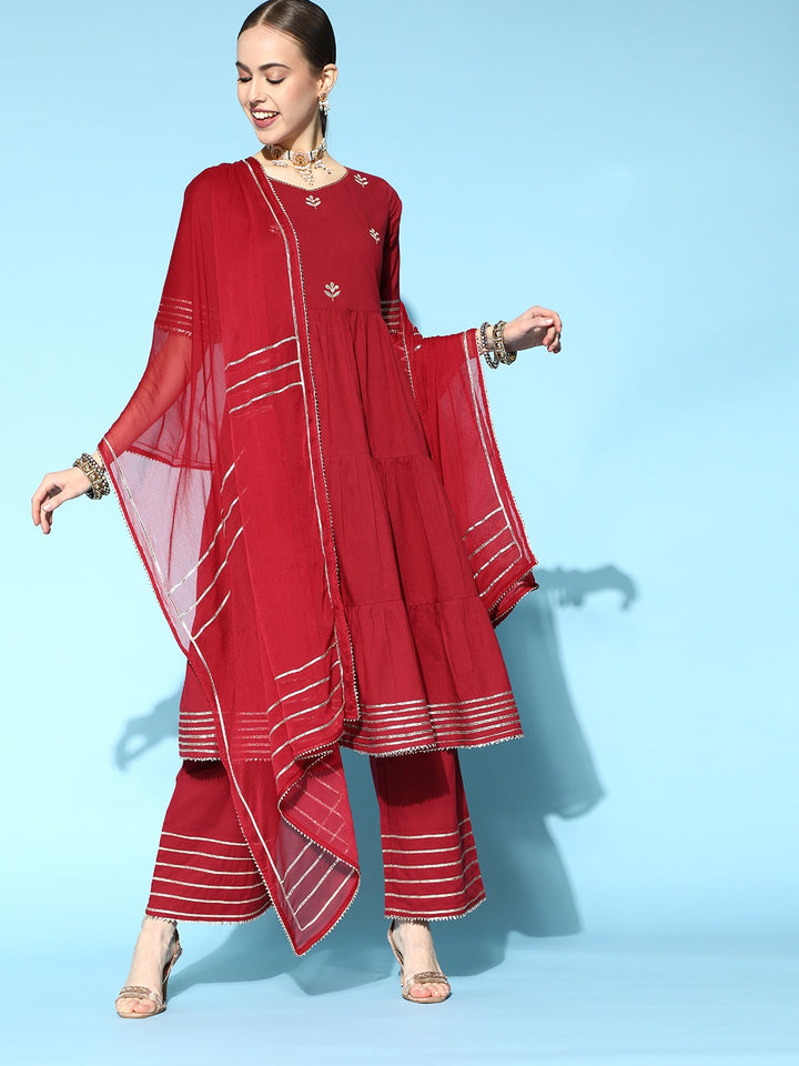 Maroon Cotton Embroidered Flare Kurta Set with Dupatta