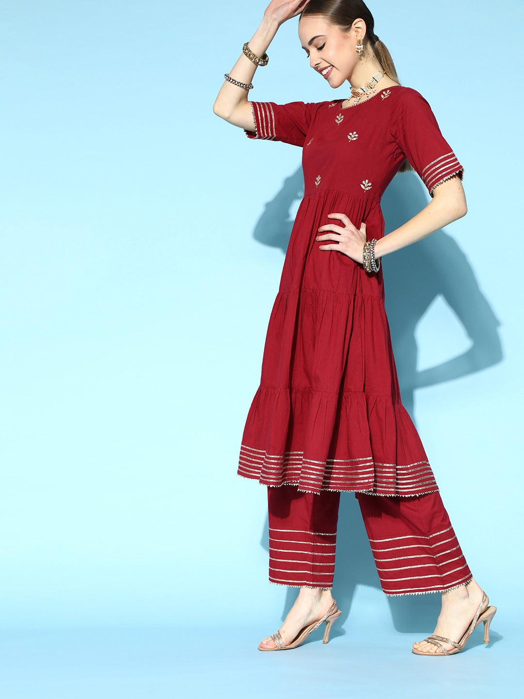 Maroon Cotton Embroidered Flare Kurta Set with Dupatta