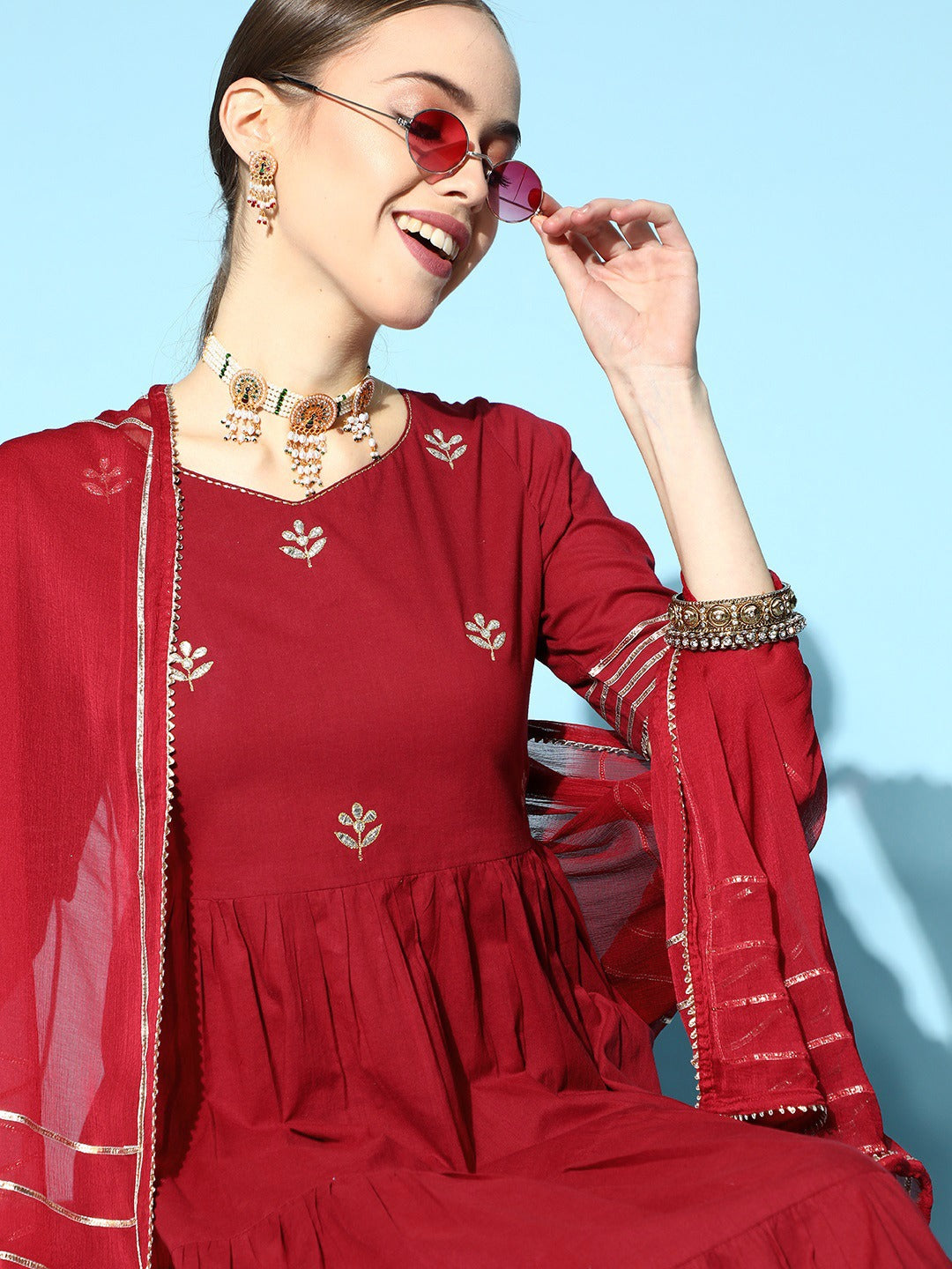 Maroon Cotton Embroidered Flare Kurta Set with Dupatta