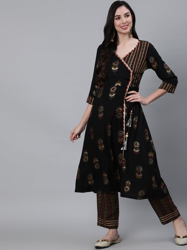 Black Rayon Slub Angrakha Style Kurta With Palazzo