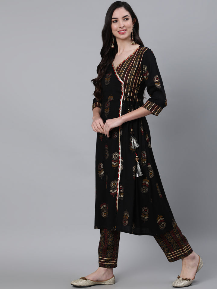 Black Rayon Slub Angrakha Style Kurta With Palazzo