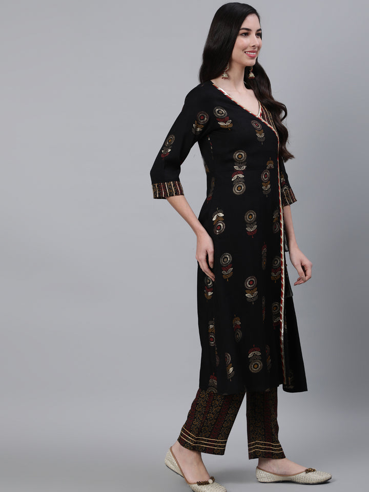 Black Rayon Slub Angrakha Style Kurta With Palazzo