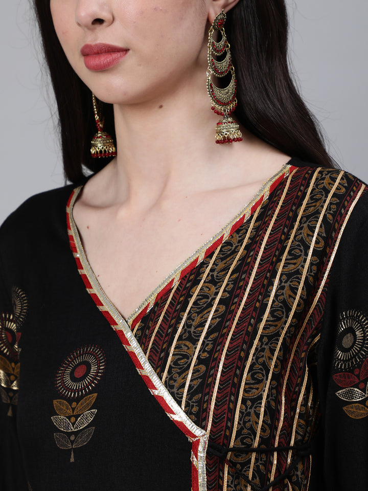 Black Rayon Slub Angrakha Style Kurta With Palazzo