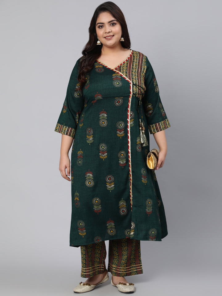 Dark Green Rayon Angrakha Kurta With Palazzo