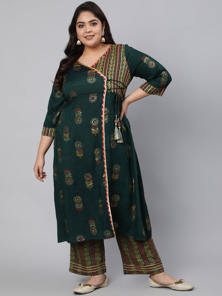Dark Green Rayon Angrakha Kurta With Palazzo