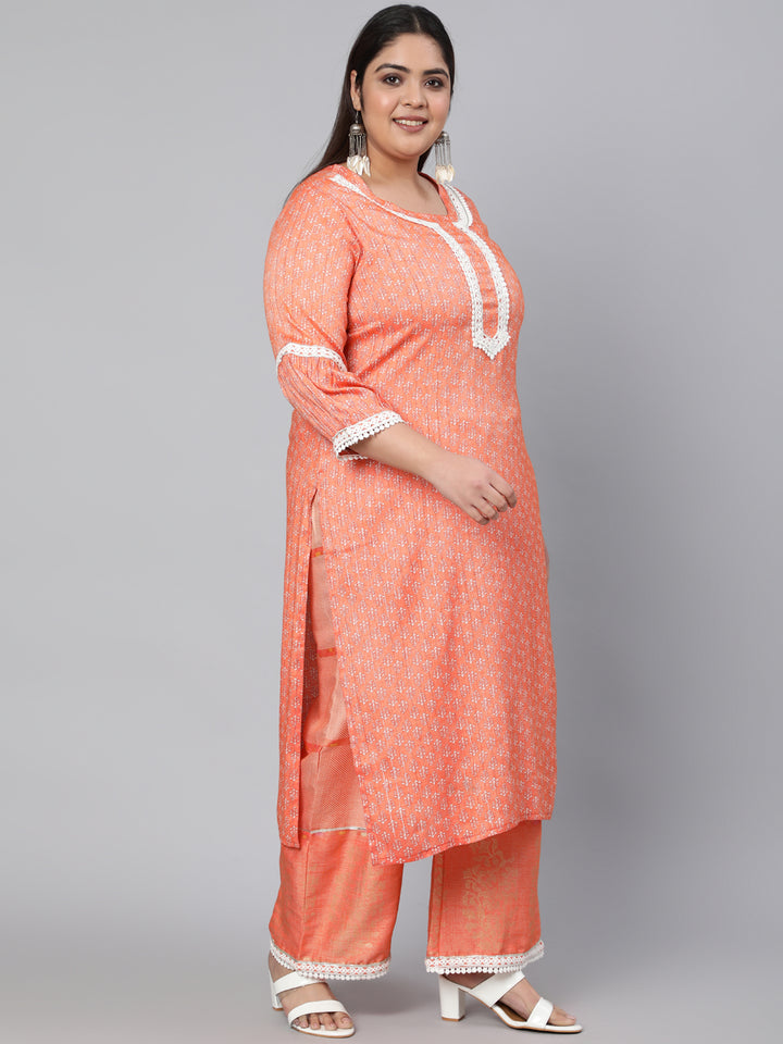 Orange Rayon Gold Foil Print Kurta With Palazzo