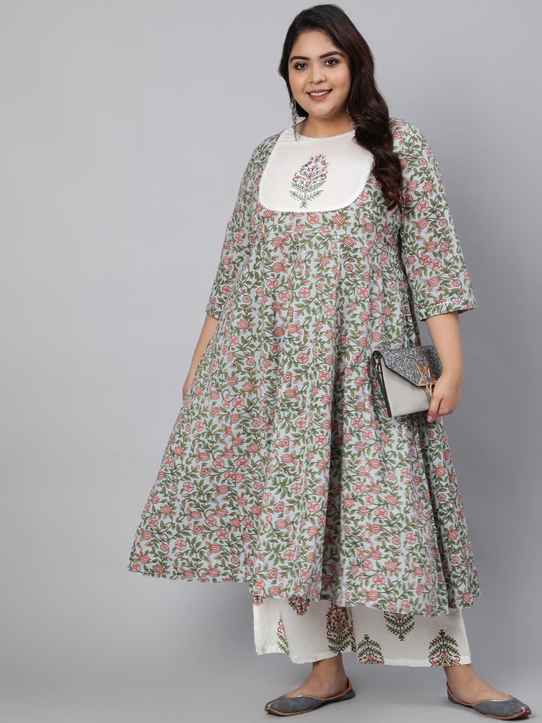 Grey & White Bagh Print A-Line Kurta & Palazzos
