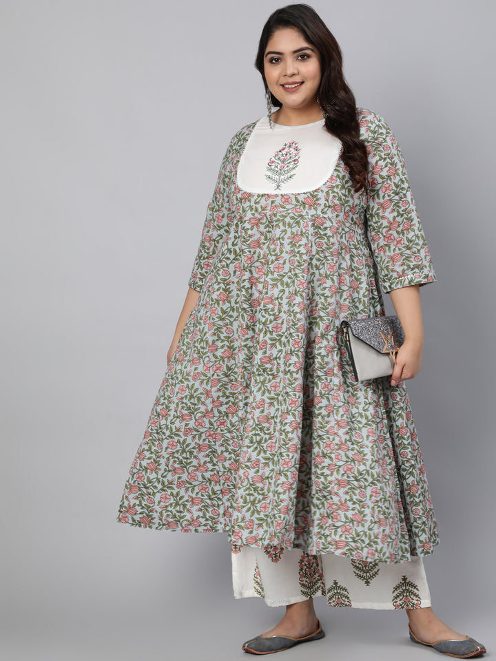 Grey & White Bagh Print A-Line Kurta & Palazzos
