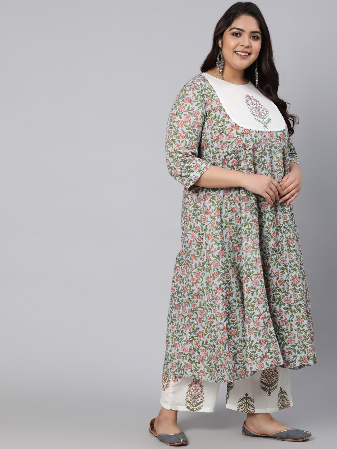 Grey & White Bagh Print A-Line Kurta & Palazzos