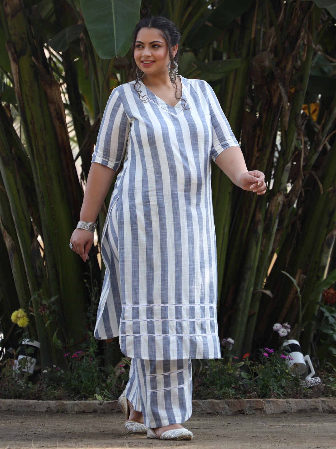White & Blue Yarn Dyed Stripe 2 Pcs Kurta Set
