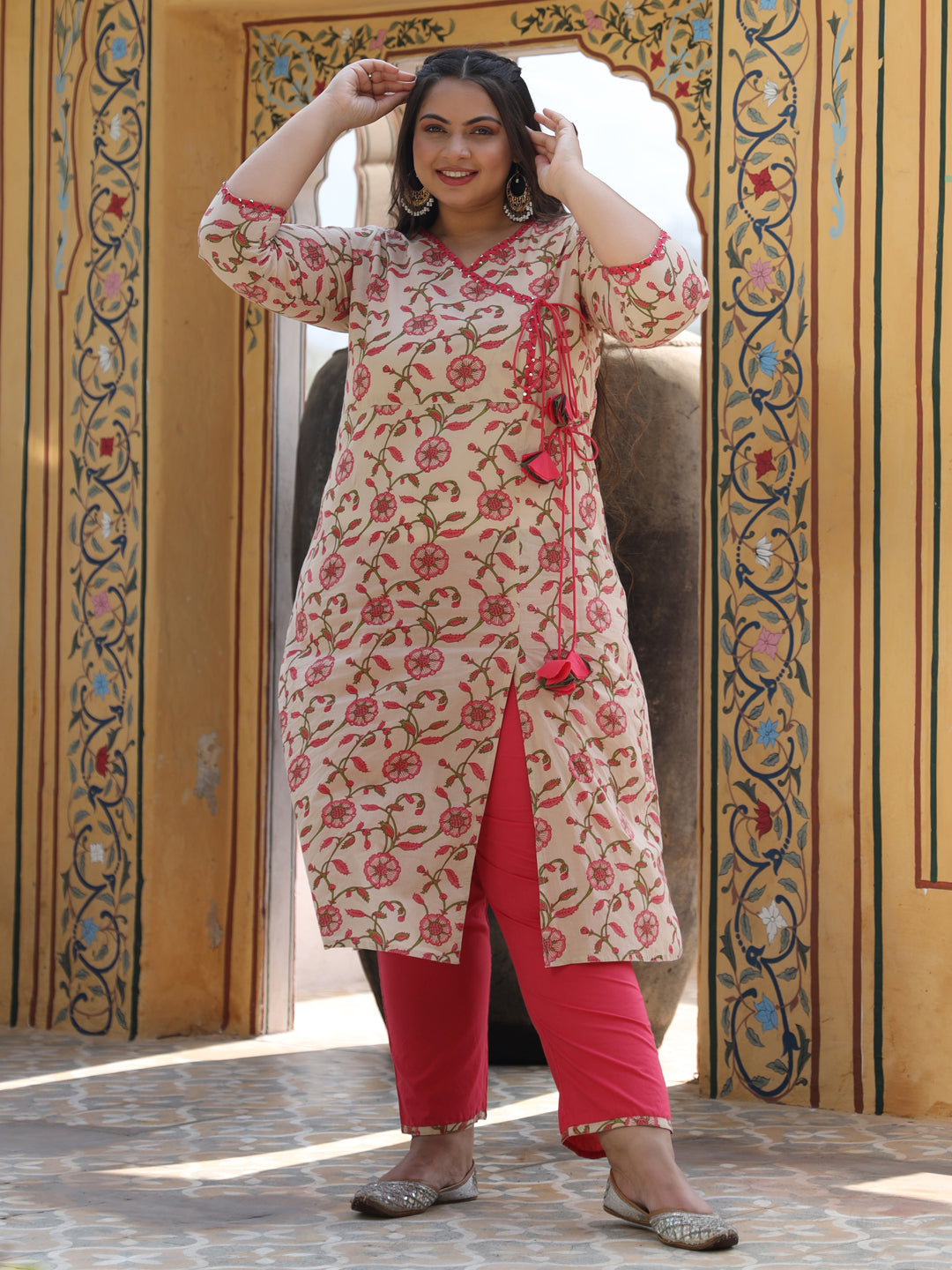 Beige-Cotton-Angrakha-Style-Kurta-&-Palazzo