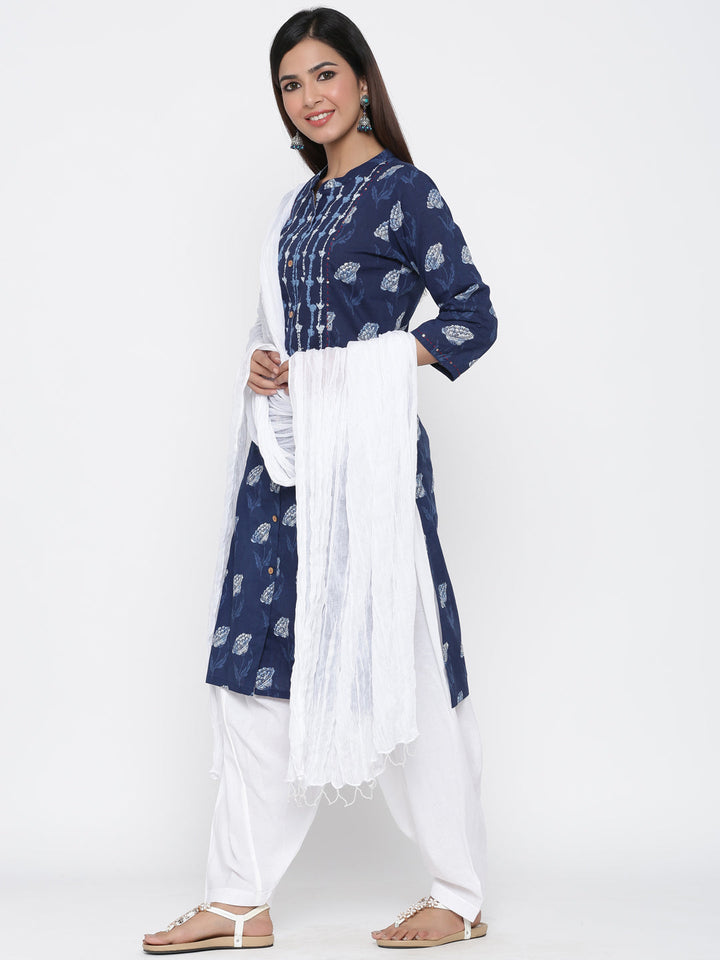 Navy Blue & White Cotton Printed Salwar Set