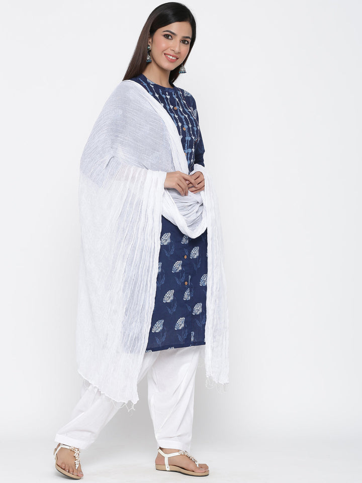 Navy Blue & White Cotton Printed Salwar Set