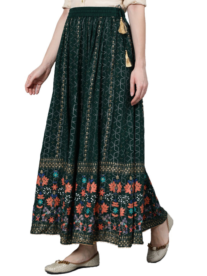 Green & Gold Floral Khadi Print Maxi Skirt