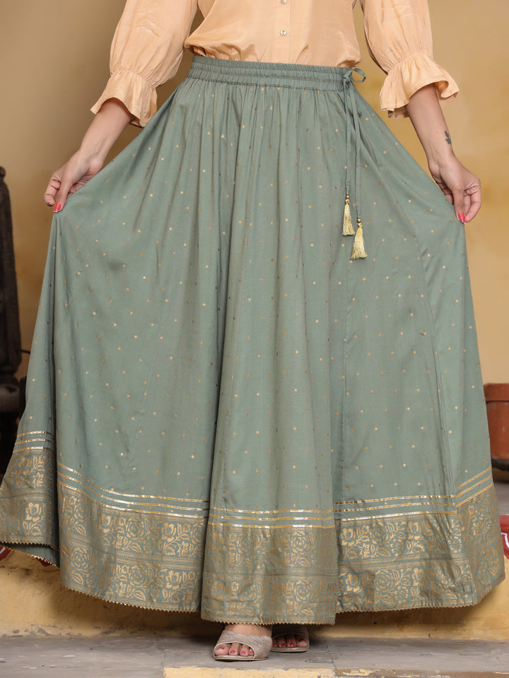 Gray & Gold Ethnic Print Rayon Maxi Skirt