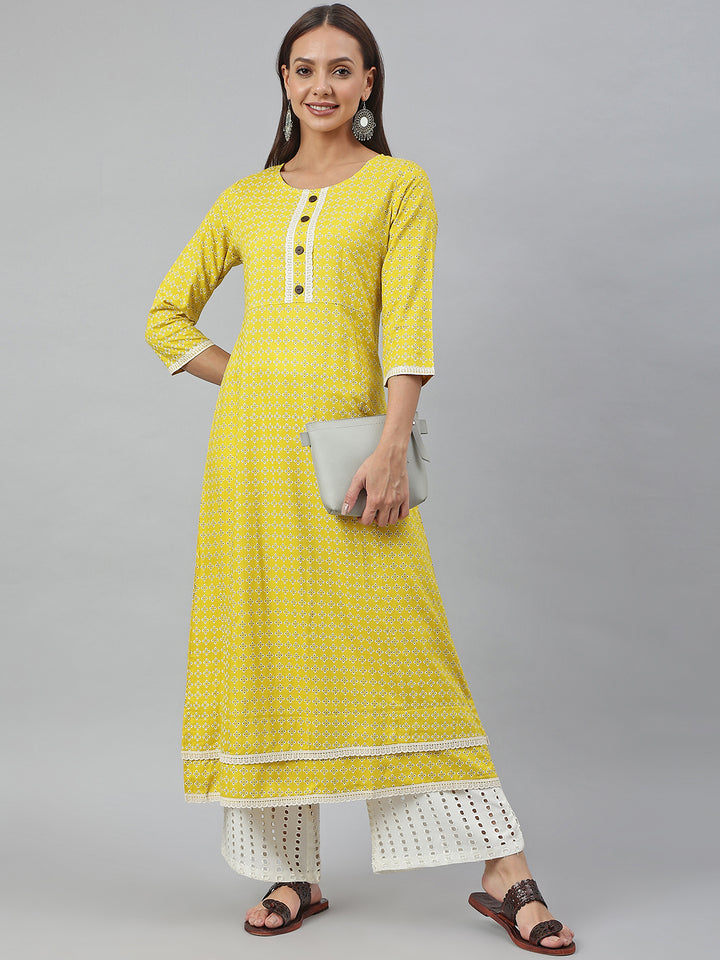 Yellow Rayon Botanical Printed A-Line Kurta