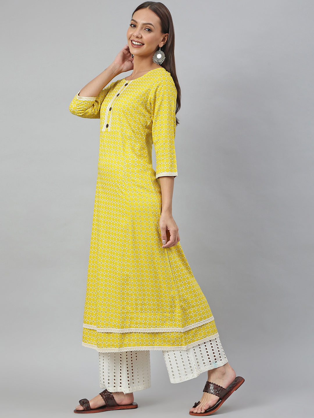 Yellow Rayon Botanical Printed A-Line Kurta