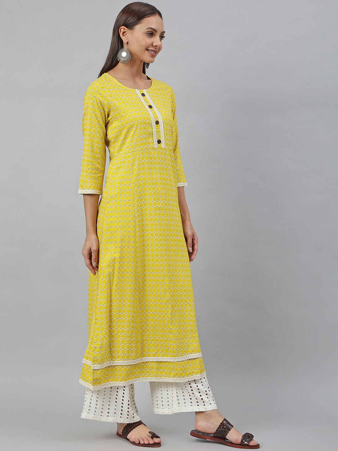 Yellow Rayon Botanical Printed A-Line Kurta