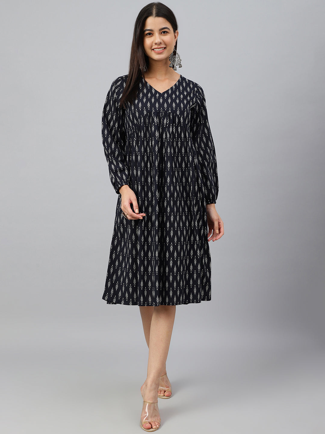 Black Cotton Ethnic Motif Print A-line Dress