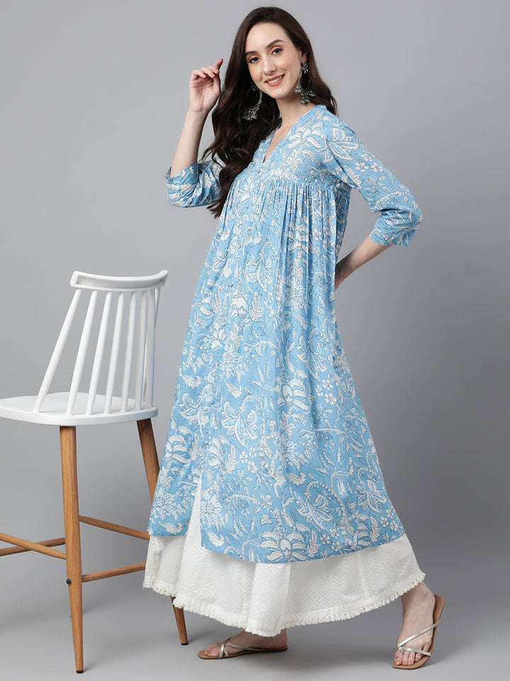 ZERESOUQ-Sky-Blue-Cotton-Floral-Printed-Flared-Kurta