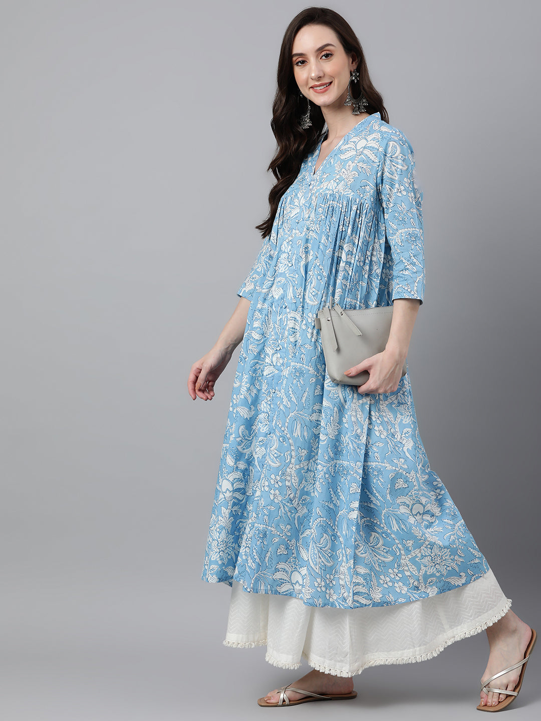 ZERESOUQ-Sky-Blue-Cotton-Floral-Printed-Flared-Kurta