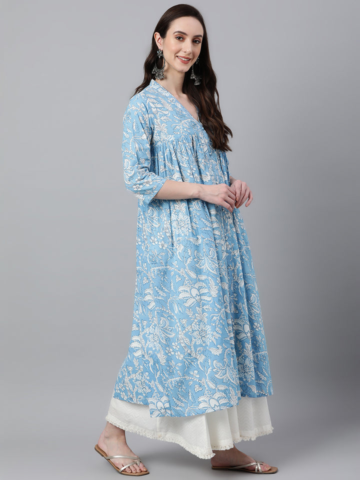 Sky Blue Cotton Floral Printed Flared Kurta