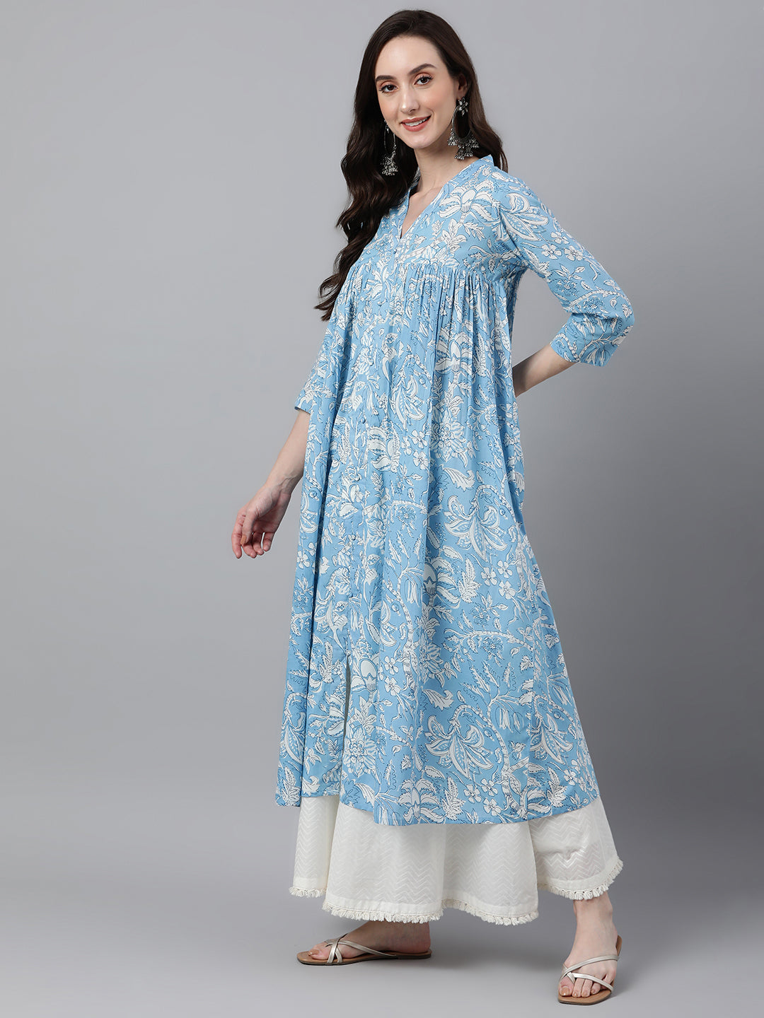 ZERESOUQ-Sky-Blue-Cotton-Floral-Printed-Flared-Kurta