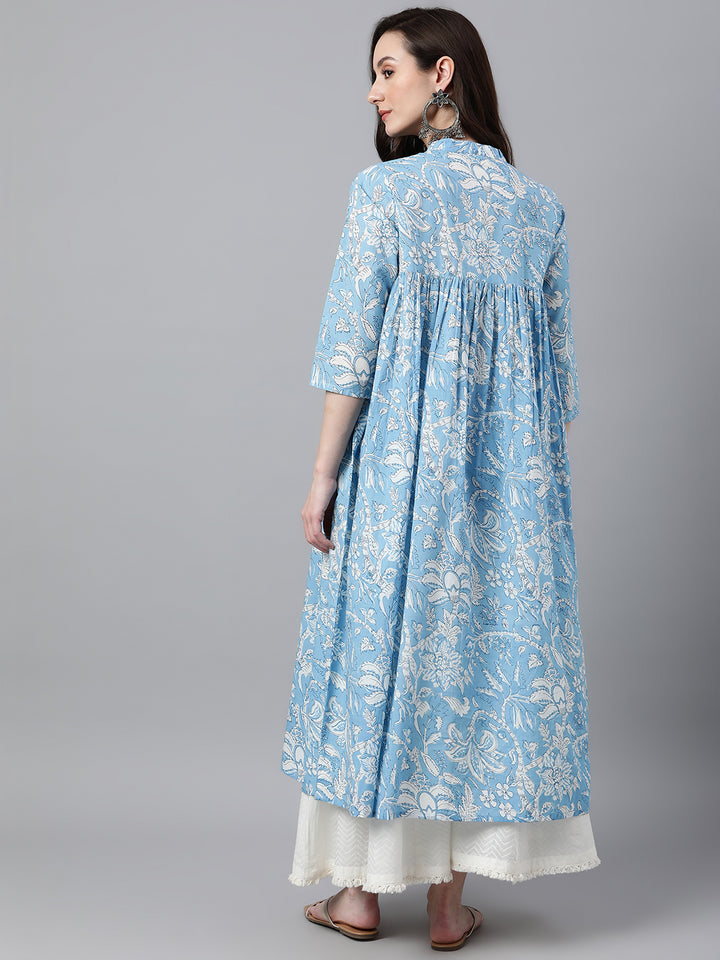 ZERESOUQ-Sky-Blue-Cotton-Floral-Printed-Flared-Kurta