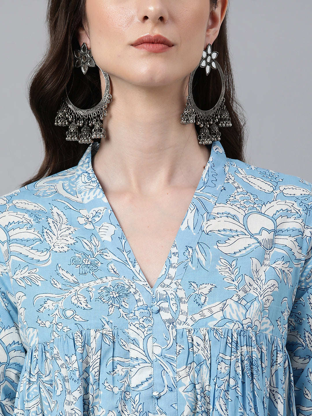 ZERESOUQ-Sky-Blue-Cotton-Floral-Printed-Flared-Kurta