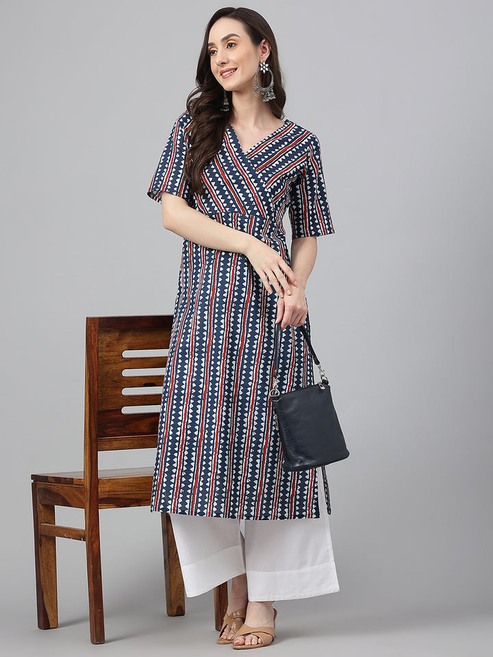 Blue Cotton Geometric Print Straight Kurta