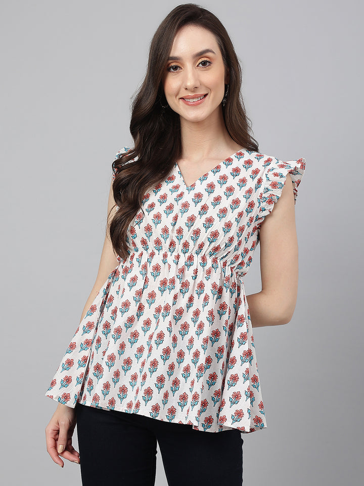 White Cotton Floral Printed Flirty Sleeve Top