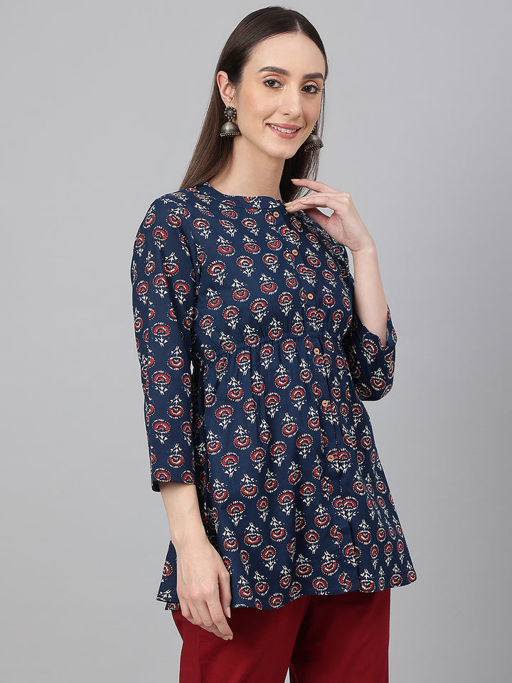 Navy Blue Cotton Printed A-Line Peplum Top