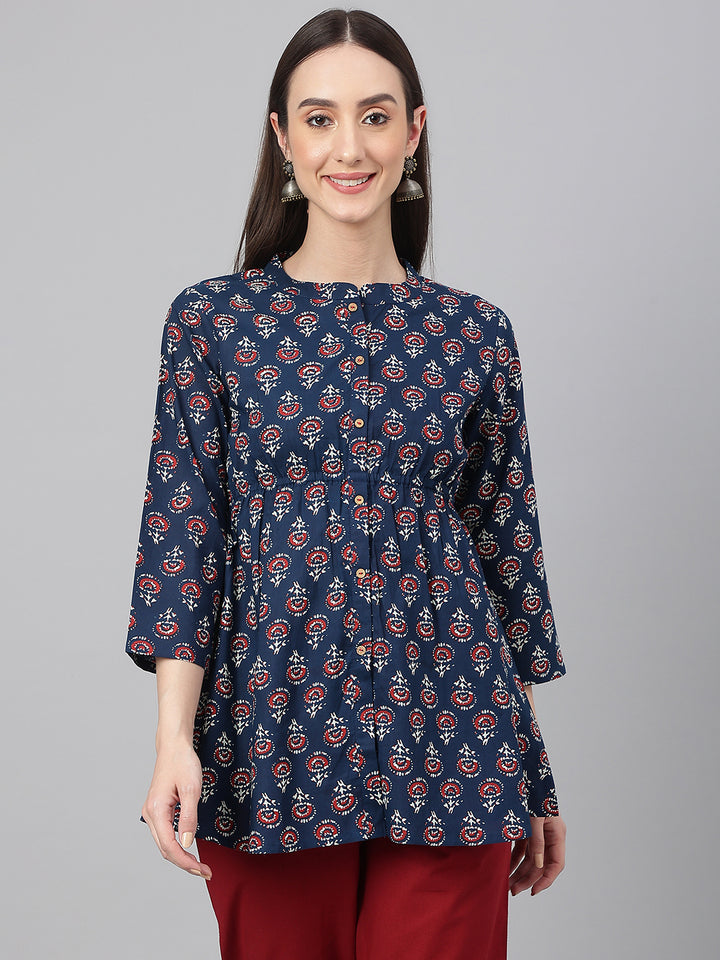 Navy Blue Cotton Printed A-Line Peplum Top