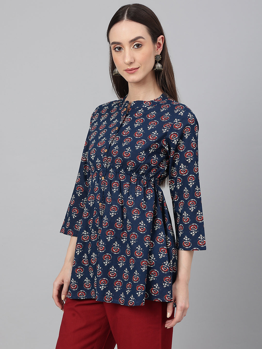 Navy Blue Cotton Printed A-Line Peplum Top